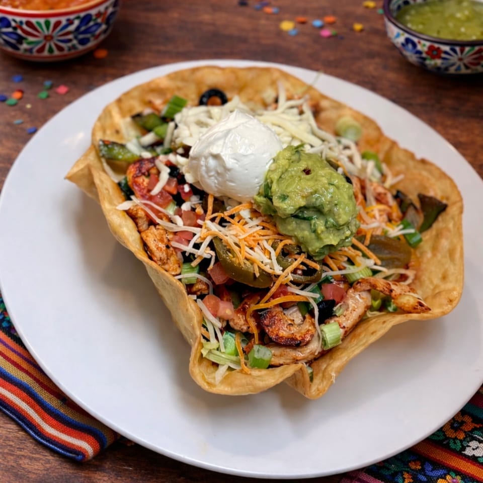 A La Esperanza taco salad in a crispy tortilla bowl with chicken, guacamole, and sour cream.