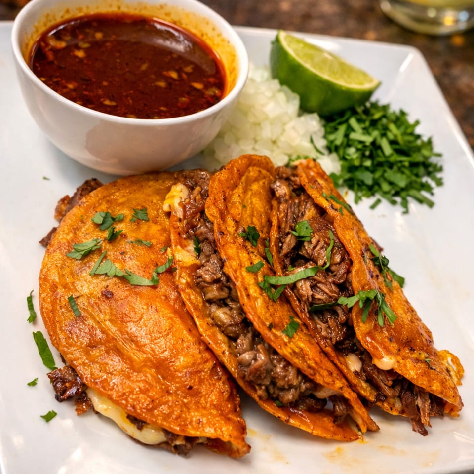 Three birria tacos with a side of consommé, diced onions, cilantro, and a lime wedge.