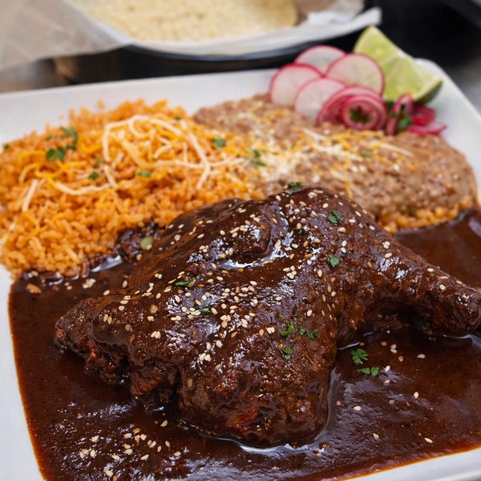 A La Esperanza Mexican mole poblano dish with chicken, rice, beans, radishes, and lime.