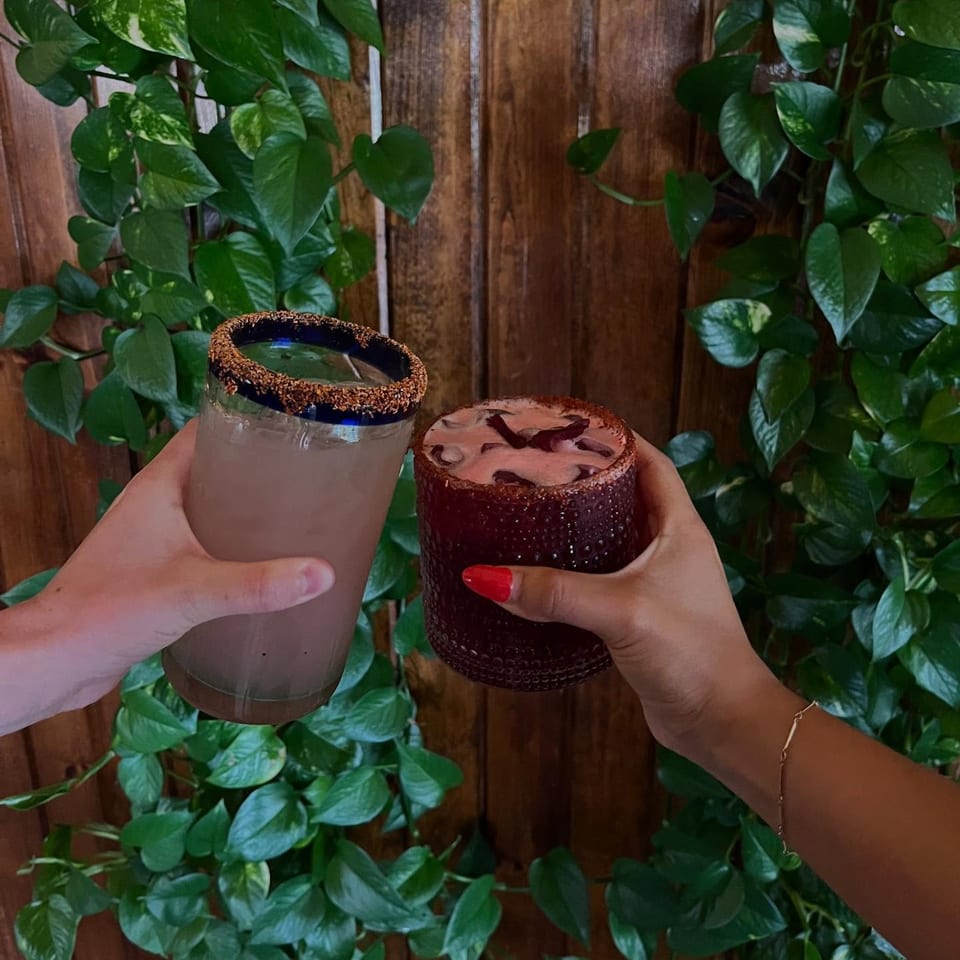 Two hands holding La Esperanza's Mexican cocktails with chili-rimmed glasses against a leafy background.