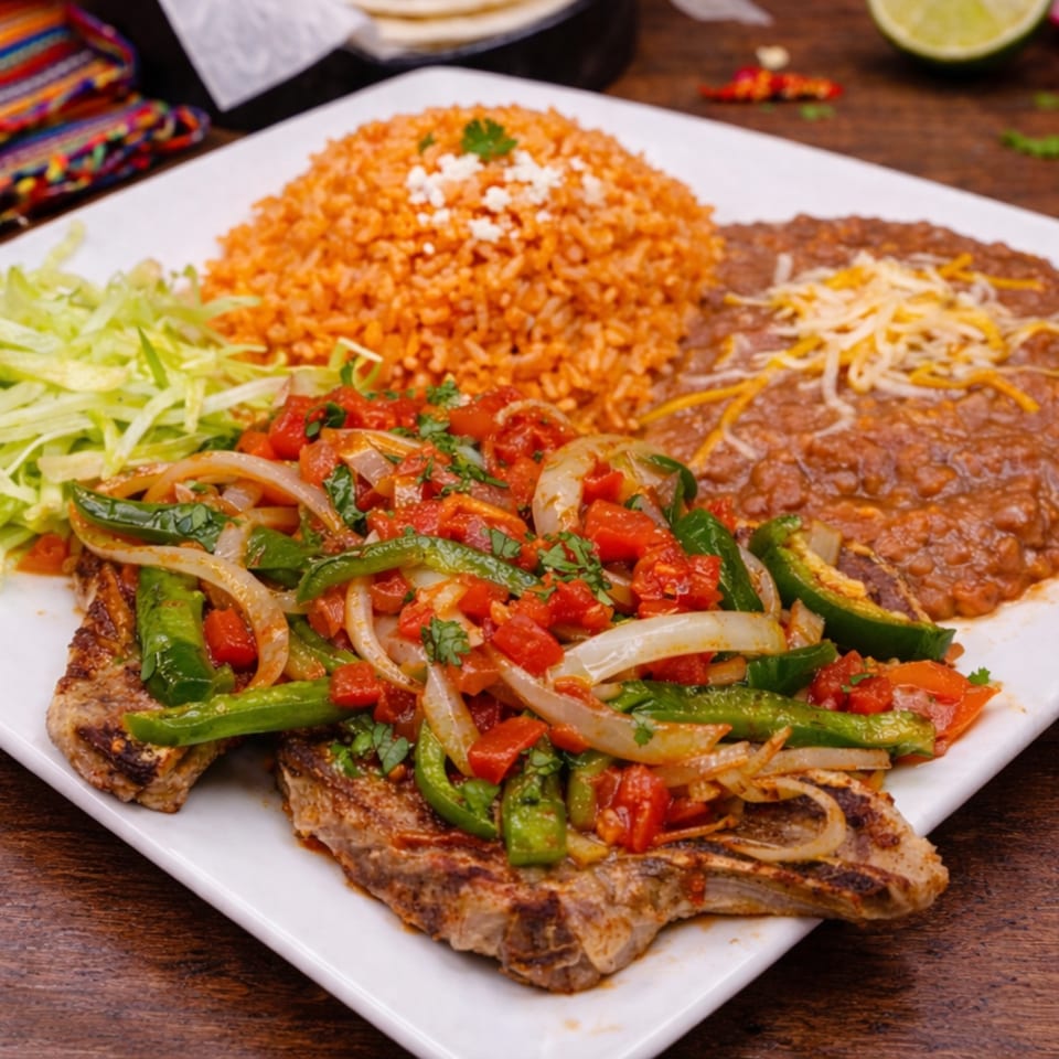 Mexican dish with steak, bell peppers, onions, tomatoes, rice, refried beans, and shredded lettuce.
