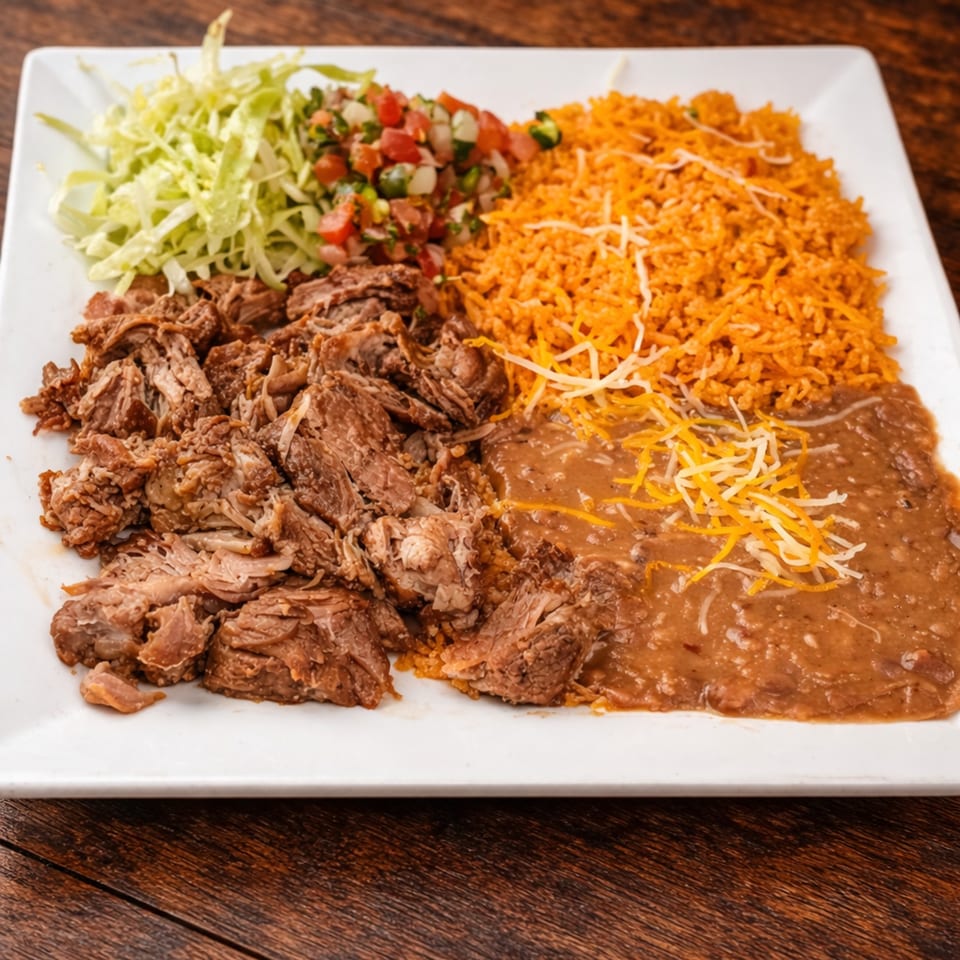 La Esperanza's carnitas plate with shredded pork, rice, refried beans, pico de gallo, and lettuce.