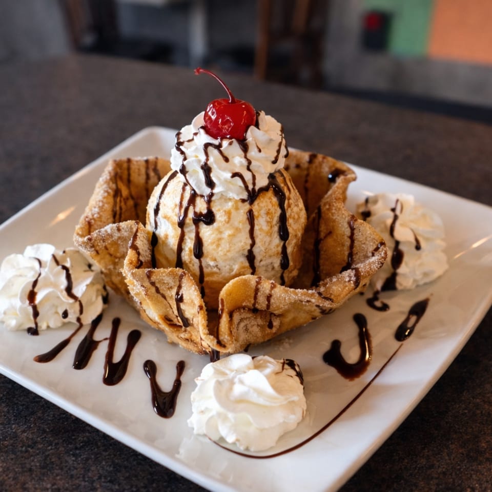 Fried ice cream in a crispy shell with whipped cream, chocolate drizzle, and a cherry.