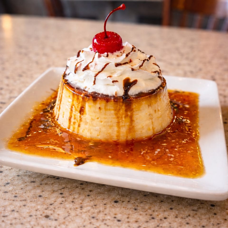 Flan dessert with whipped cream, chocolate drizzle, and a cherry on top, served in a caramel sauce.